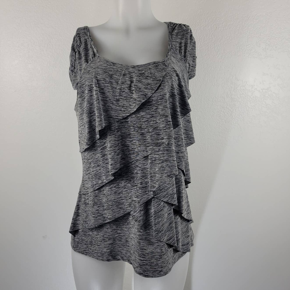 AB Studio Heathered Gray Ruffle Front Mini Sleeve Top XL